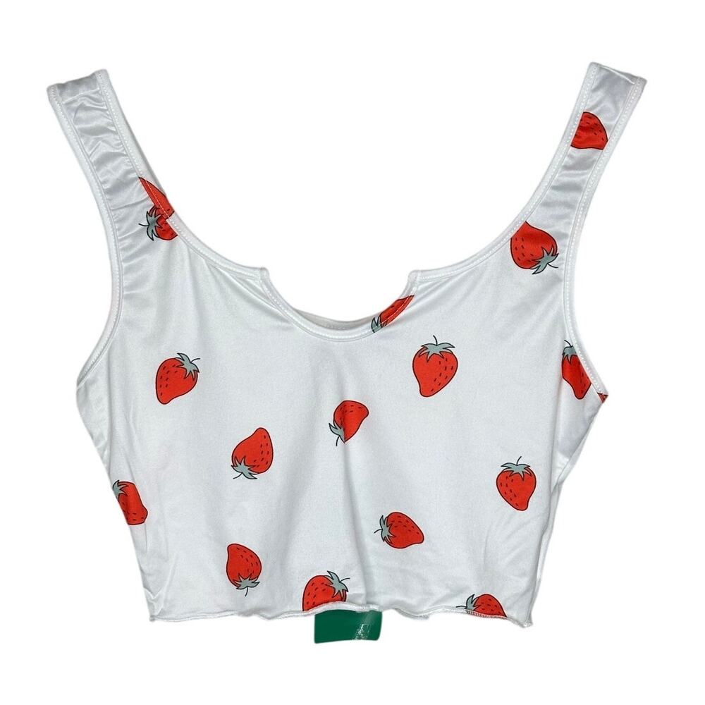 Shein White Cropped Blouse Red Strawberry Print Sleeveless 2 Cottagecore Y2K NWT